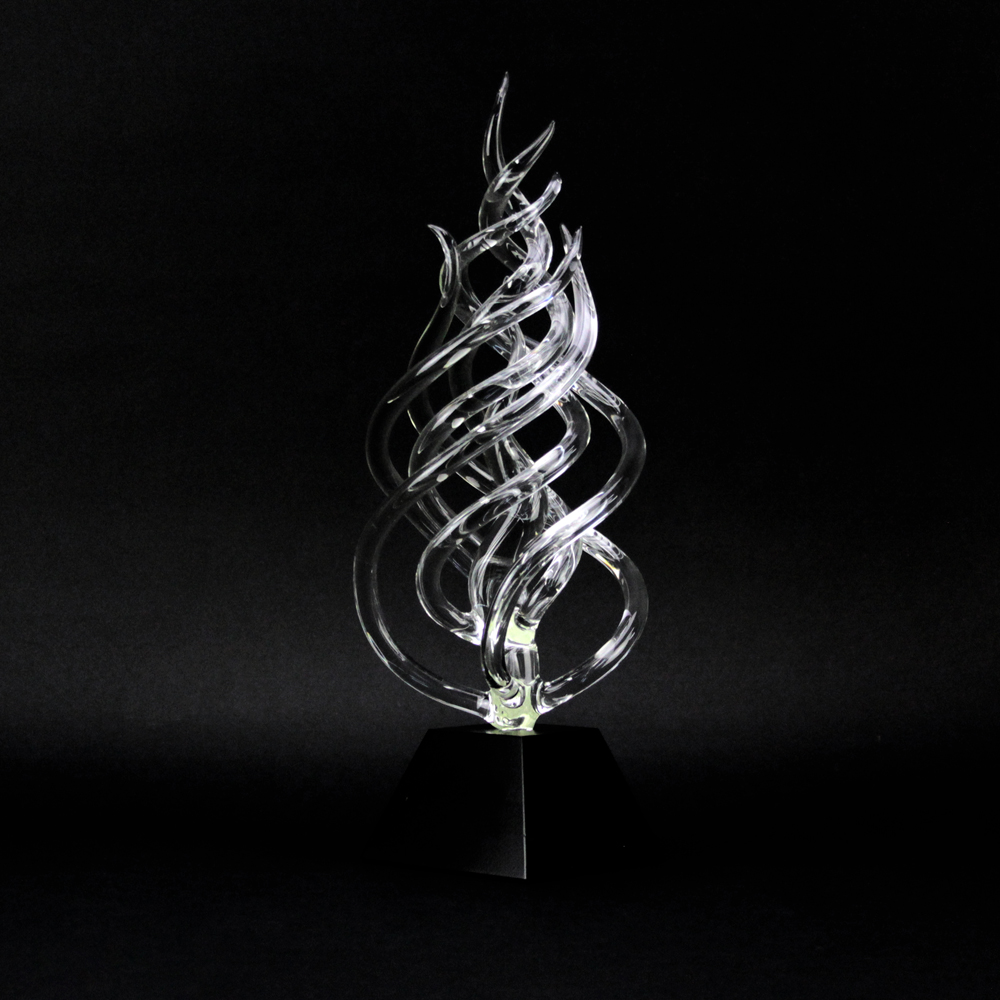 Frabel Studio Art Glass "Flame of Excellence" Sculpture Mounted on Wooden Base. 
