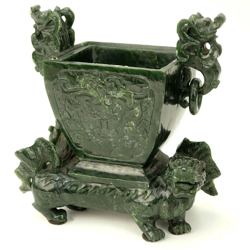 Early to Mid 20th Century Chinese Carved Jade Foo Lion Urn.