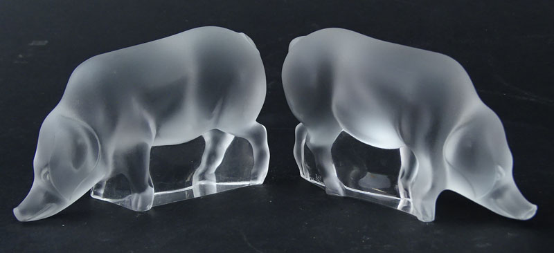 Three (3) Lalique Crystal Animals. 2 pigs, 1 owl. signed (1 pig is unsigned). 