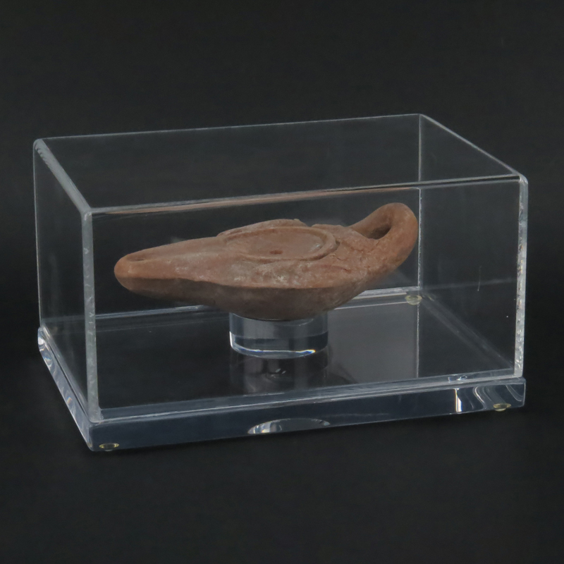 In the Manner of Byzantine Empire Terracotta Oil Lamp in Lucite Display Case.