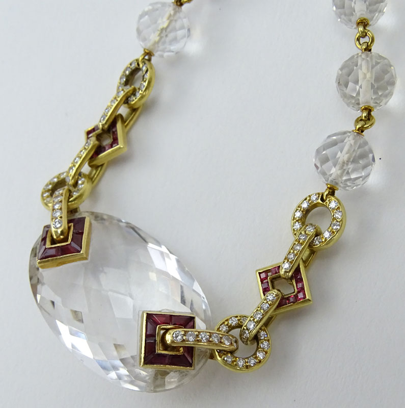 Approx. 4.0 Carat Diamond, 2.40 Carat Ruby, Rock Crystal and 18 Karat Yellow Gold Necklace. 