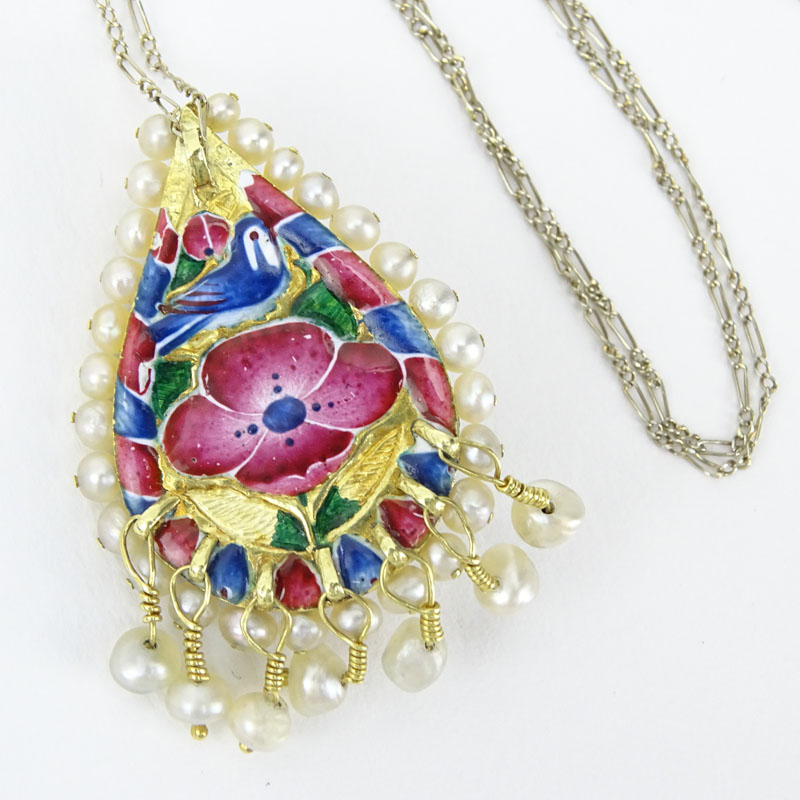 Vintage Rose Cut Diamond, Pearl, Enamel and 14 Karat Yellow Gold Pendant Necklace. 