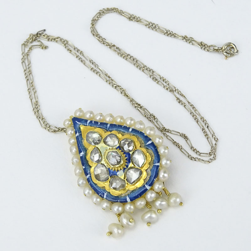 Vintage Rose Cut Diamond, Pearl, Enamel and 14 Karat Yellow Gold Pendant Necklace. 