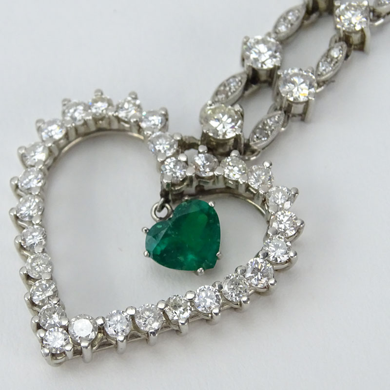 Vintage Approx. 10.50 Carat Round Brilliant and Marquise Cut Diamond and Heart Shape Emerald Heart Pendant Necklace.