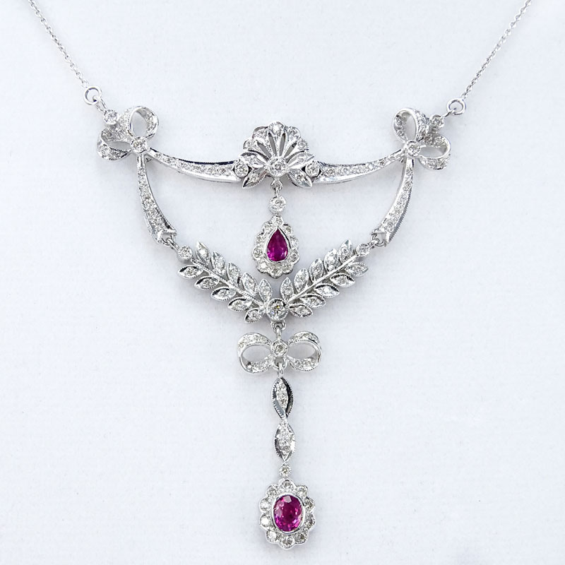 Edwardian style Diamond, Ruby and 18 Karat White Gold Pendant Necklace. 