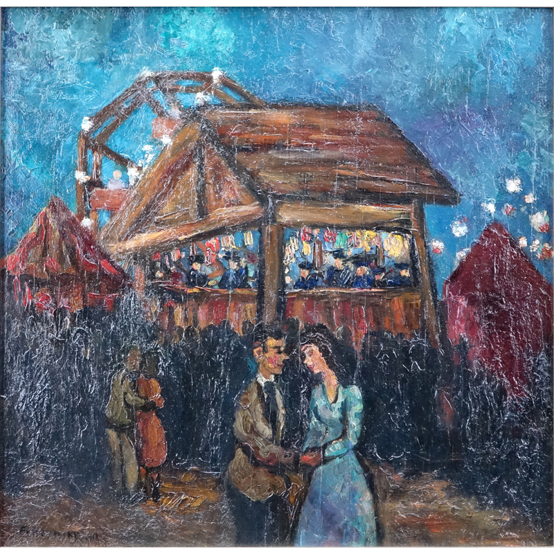 Ferdinand Stransky, Austrian (1904 - 1981) Oil on masonite "Couple At The Fair".
