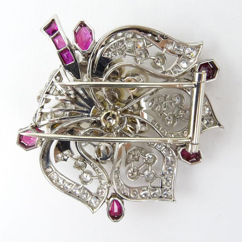Fine Quality Vintage Diamond, Burma Ruby, Pearl and Platinum Brooch. Quality stones throughout. 