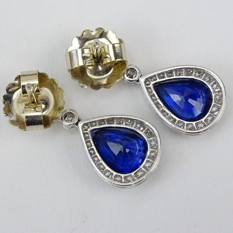 Vintage Approx. 5.40 Carat Pear Shape Sapphire, Diamond and Platinum Pendant Earrings. 