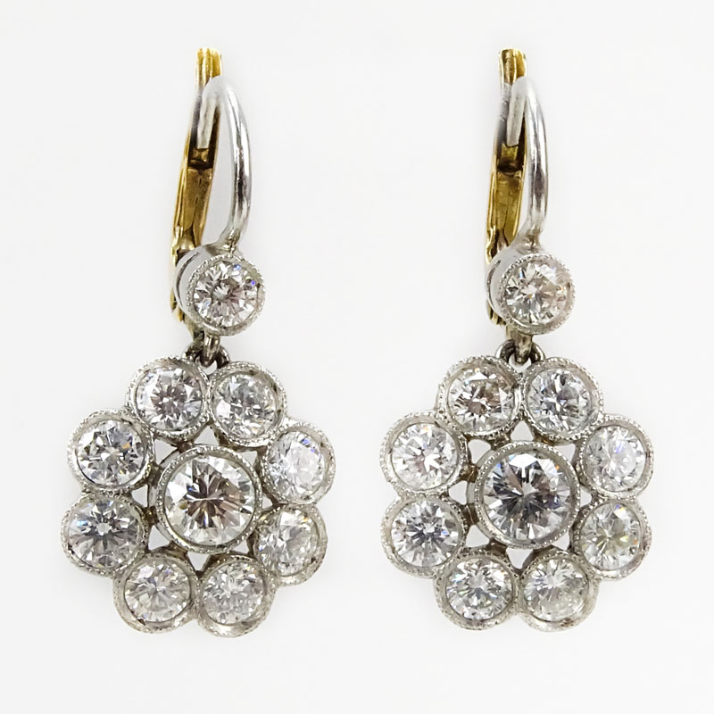 Vintage Approx. 2.50 Carat Old European Cut Diamond and Platinum Cluster Pendant Earrings.