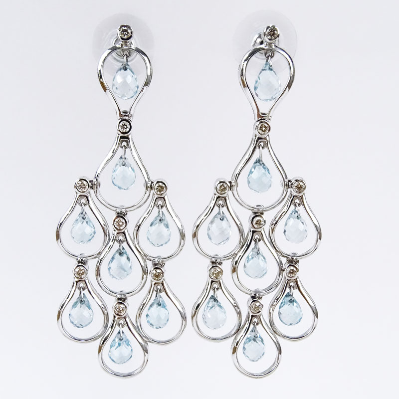 Briolette Cut Blue Topaz, Diamond and 18 Karat White Gold Chandelier Earrings. 