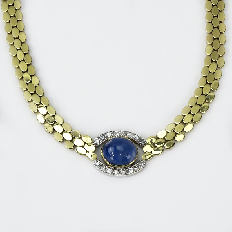 Vintage Approx. 14.25 Carat Cabochon Sapphire, .76 Carat Round Brilliant Cut Diamond and 14 Karat yellow Gold Necklace. 