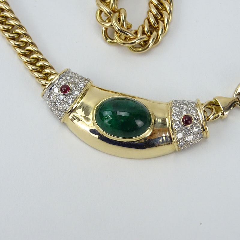 Vintage Bulgari style 12.0 Carat Cabochon Emerald, 2.0 Carat Pave Set Round Brilliant Cut Diamond, .30 Carat Ruby and 14 Karat 14 karat Yellow Gold Weave Link Slider Pendant Necklace. 
