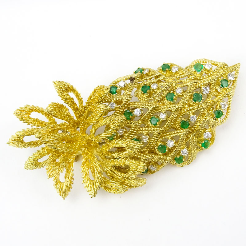 Vintage Heavy 18 Karat Yellow Gold Leaf Brooch set with Approx. .90 Carat Round Brilliant Cut Diamond and 1.70 Carat Emeralds.