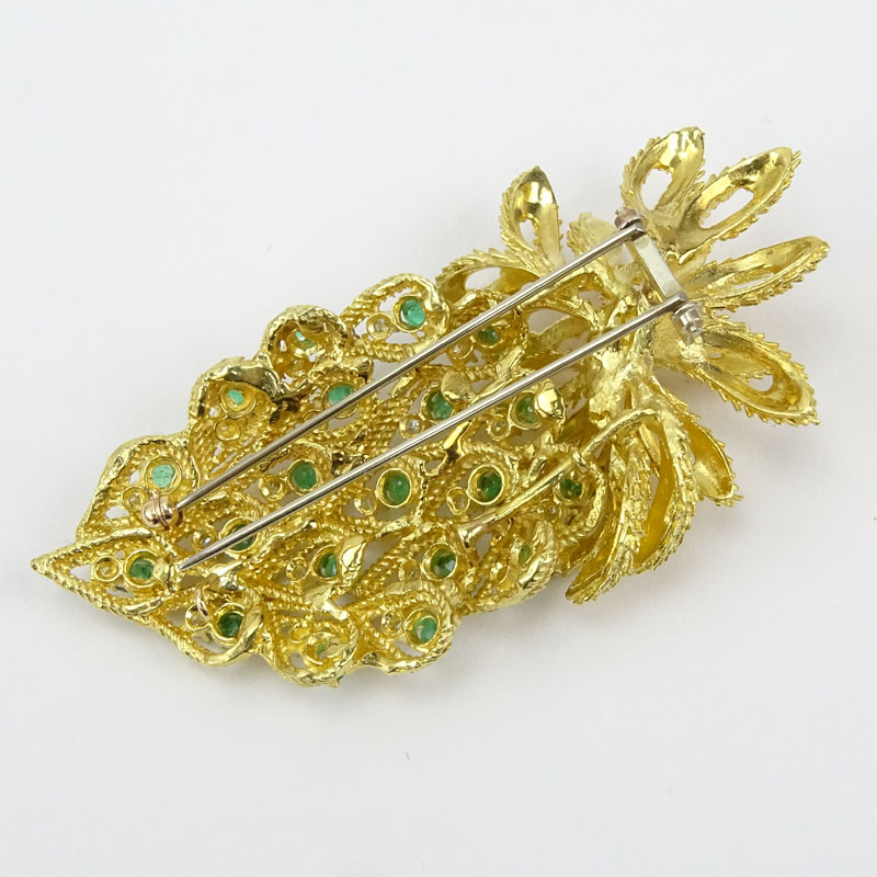Vintage Heavy 18 Karat Yellow Gold Leaf Brooch set with Approx. .90 Carat Round Brilliant Cut Diamond and 1.70 Carat Emeralds.