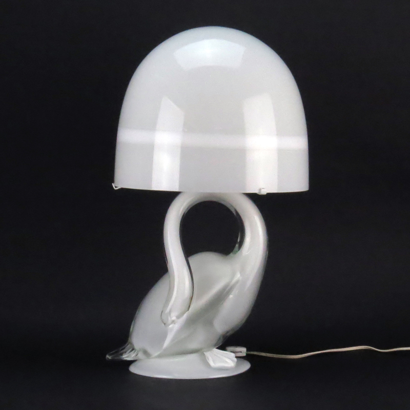 Murano Glass White Swan Lamp with Shade, Possibly Seguso. 