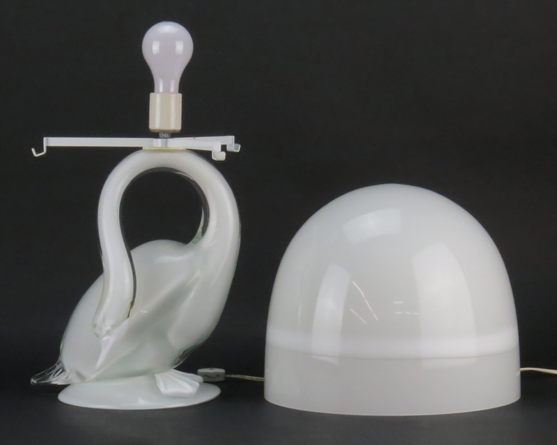 Murano Glass White Swan Lamp with Shade, Possibly Seguso. 