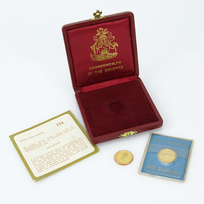 Two (2) Commonwealth of the Bahamas 1975 $50 22 Karat Gold Proof Coins with Case and Accompanying Letter, One (1) Certificate. 