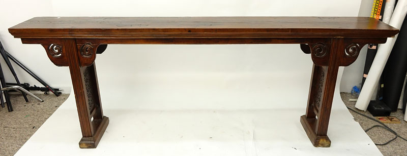19/20th Century Chinese Wood Altar Table. Pierced  circular apron and trestle style legs with fretwork center.