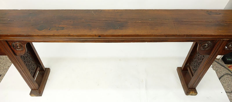19/20th Century Chinese Wood Altar Table. Pierced  circular apron and trestle style legs with fretwork center.