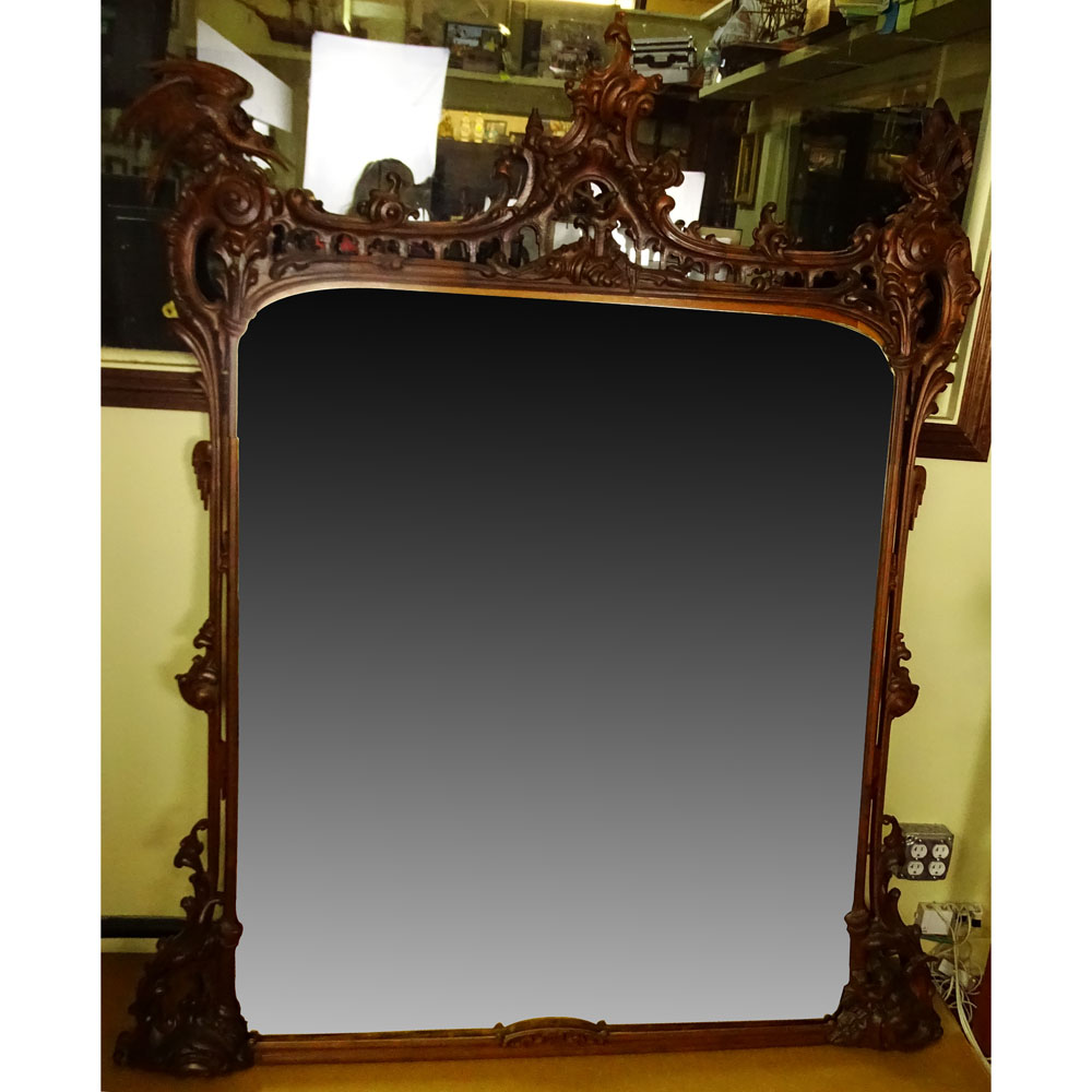 Large Renaissance style Carved Wood Beveled Wall Mirror.