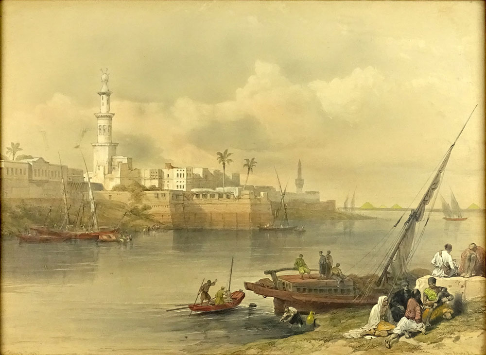 David Roberts, Scottish (1796-1864) color lithograph View on the Nile, Ferry to Gizeh. 