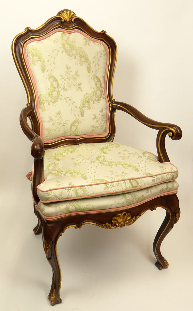 Vintage Karges Furniture Venetian style Carved and Parcel Gilt Open Arm Chair.