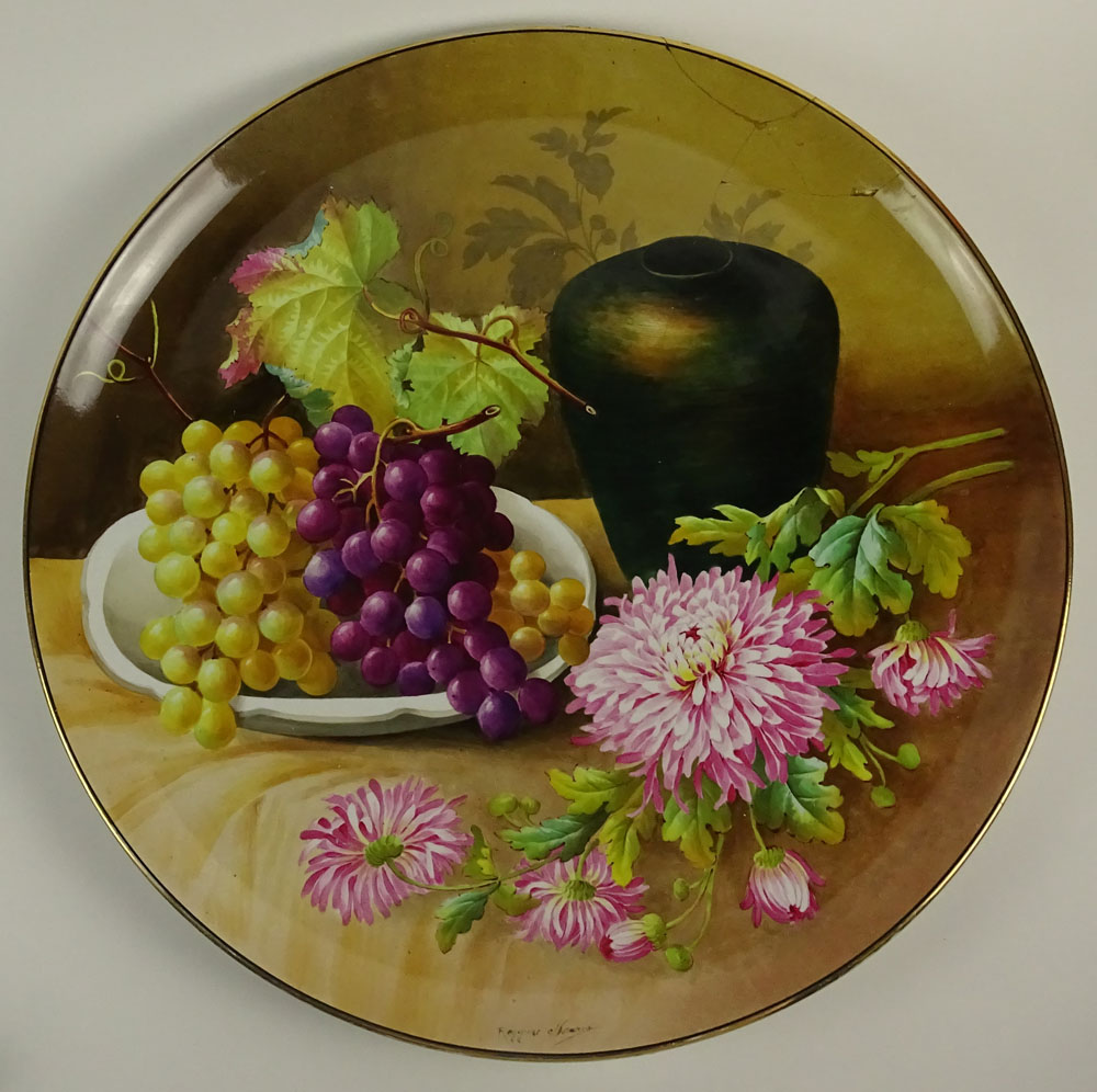 Large Limoges Hand Painted Charger "Still Life of Flowers and Grapes" Signed Reggiori Moreao, Limoges Backstamp. 