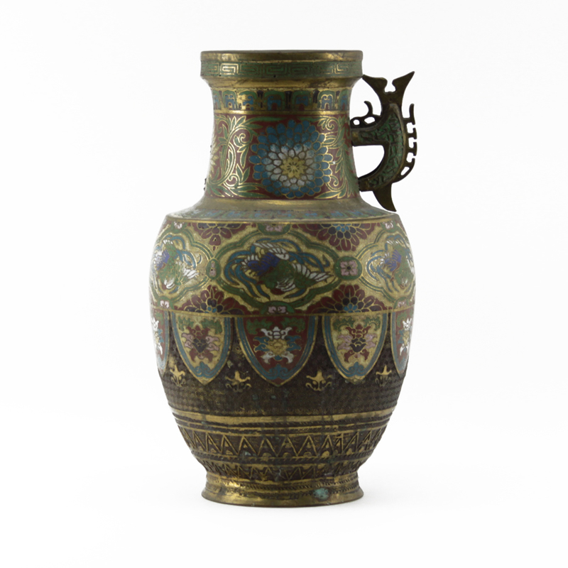 Antique Japanese Bronze Champlevé Handled Vase.