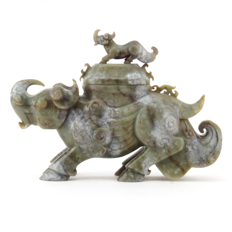 Antique Chinese Carved Hardstone Jade Figural Rhinoceros Censer.