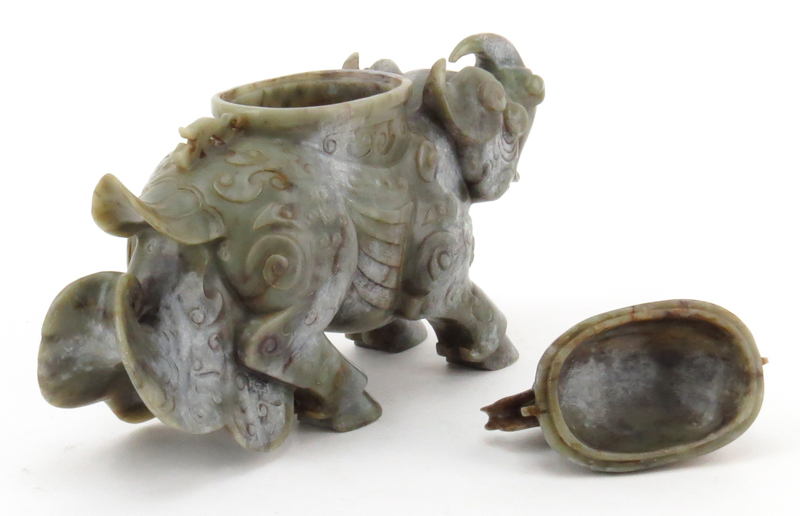 Antique Chinese Carved Hardstone Jade Figural Rhinoceros Censer.