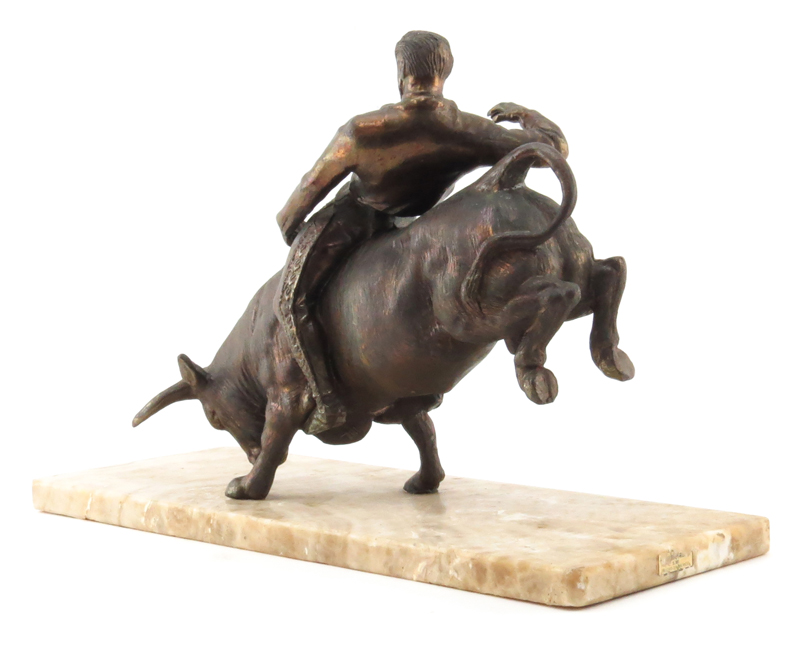 Mid Century "Bull Rider" French Metal Sculpture on Stone Base. 