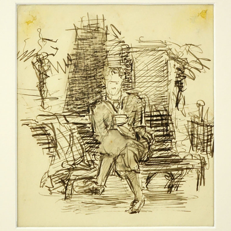 Circa 1920's European School Ink On Paper "Man Seated On Bench" Unsigned. 