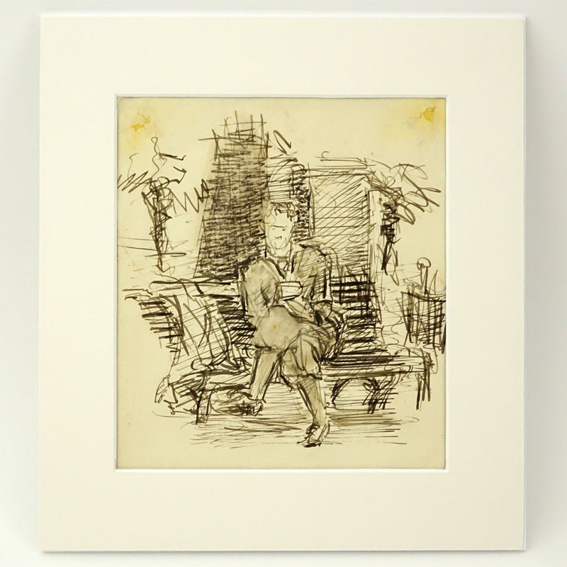 Circa 1920's European School Ink On Paper "Man Seated On Bench" Unsigned. 