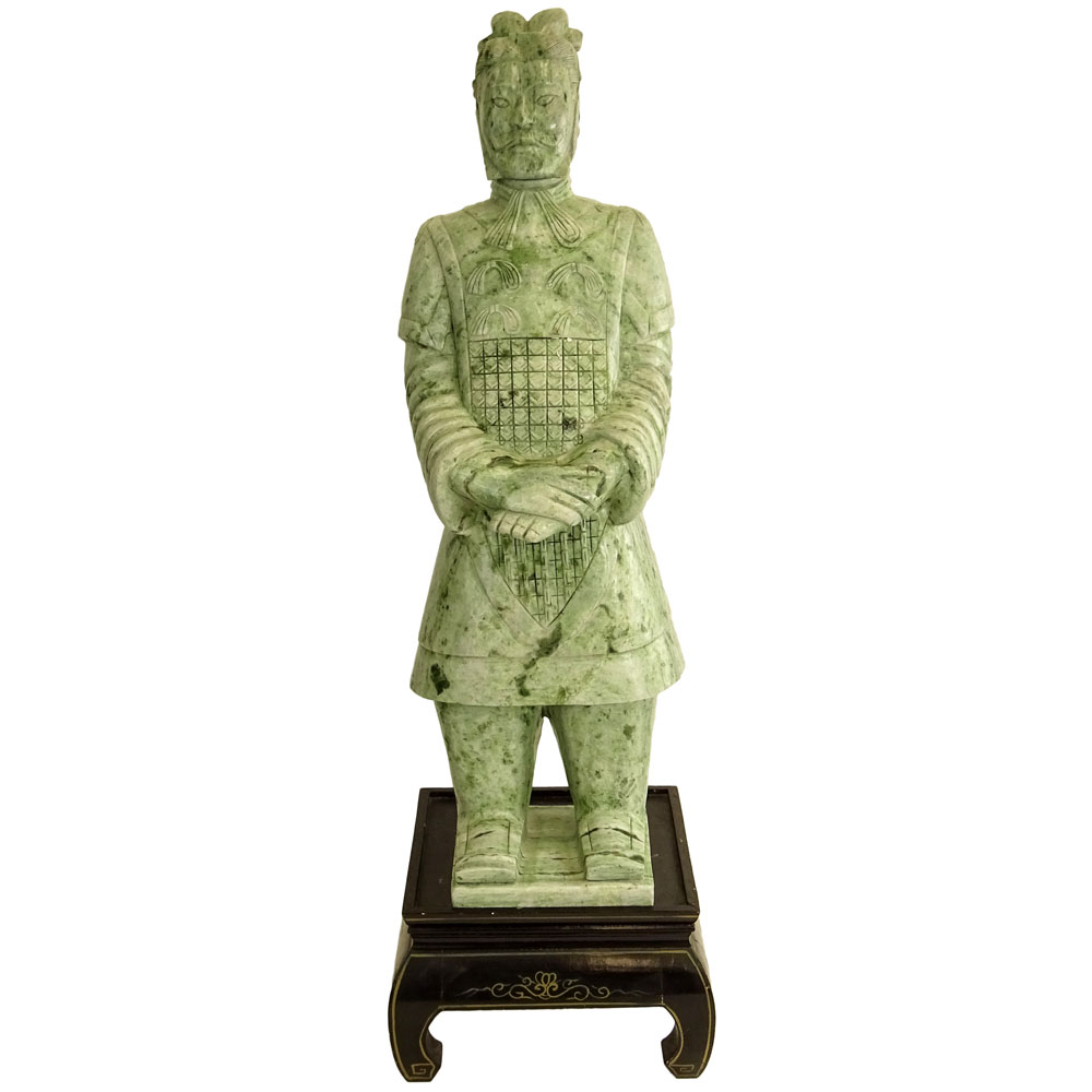Large and Heavy Chinese Carved Jade Figure of A Man on Inlaid Wood Stand.