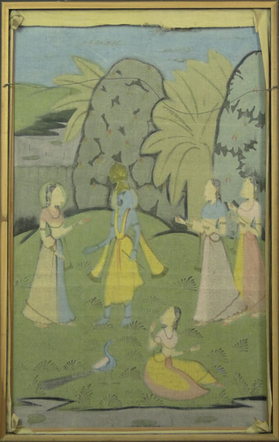 20th Century Indian Painting on Cotton Fabric Depicting Krishna in a Garden Scene.