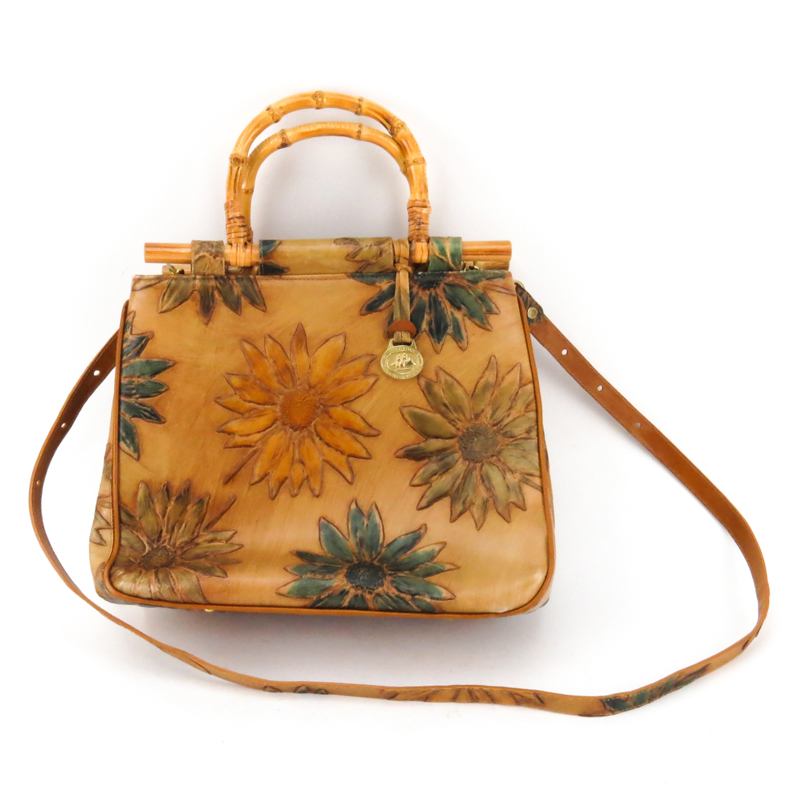 Brahmin Embossed Leather And Bamboo Flower Motif Handbag.