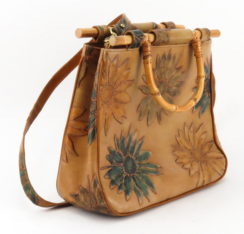 Brahmin Embossed Leather And Bamboo Flower Motif Handbag.