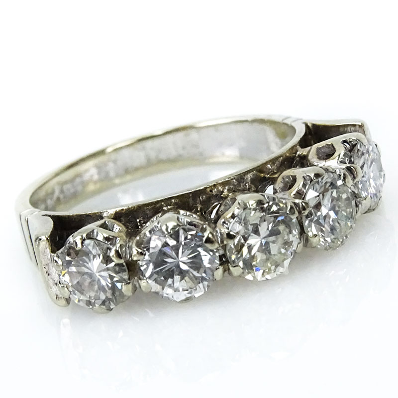 Vintage Approx. 2.2 Carat TW Round Brilliant Cut Diamond and 18 Karat White Gold Five Stone Ring.