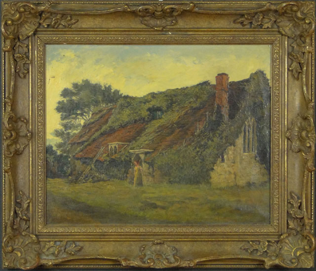 19th Century Unsigned Continental Oil on Canvas "Thatched Hut with Young Girl".