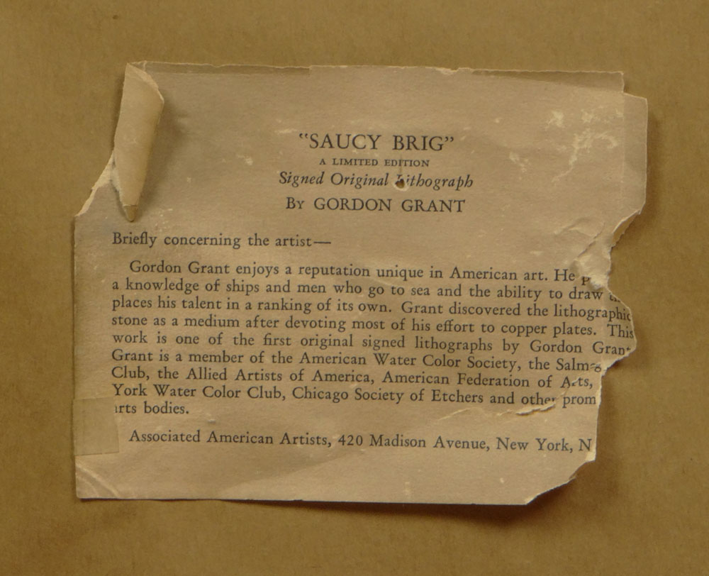 Gordon Hope Grant, American (1875-1962) Original AAA Lithograph "Saucy Brig". 