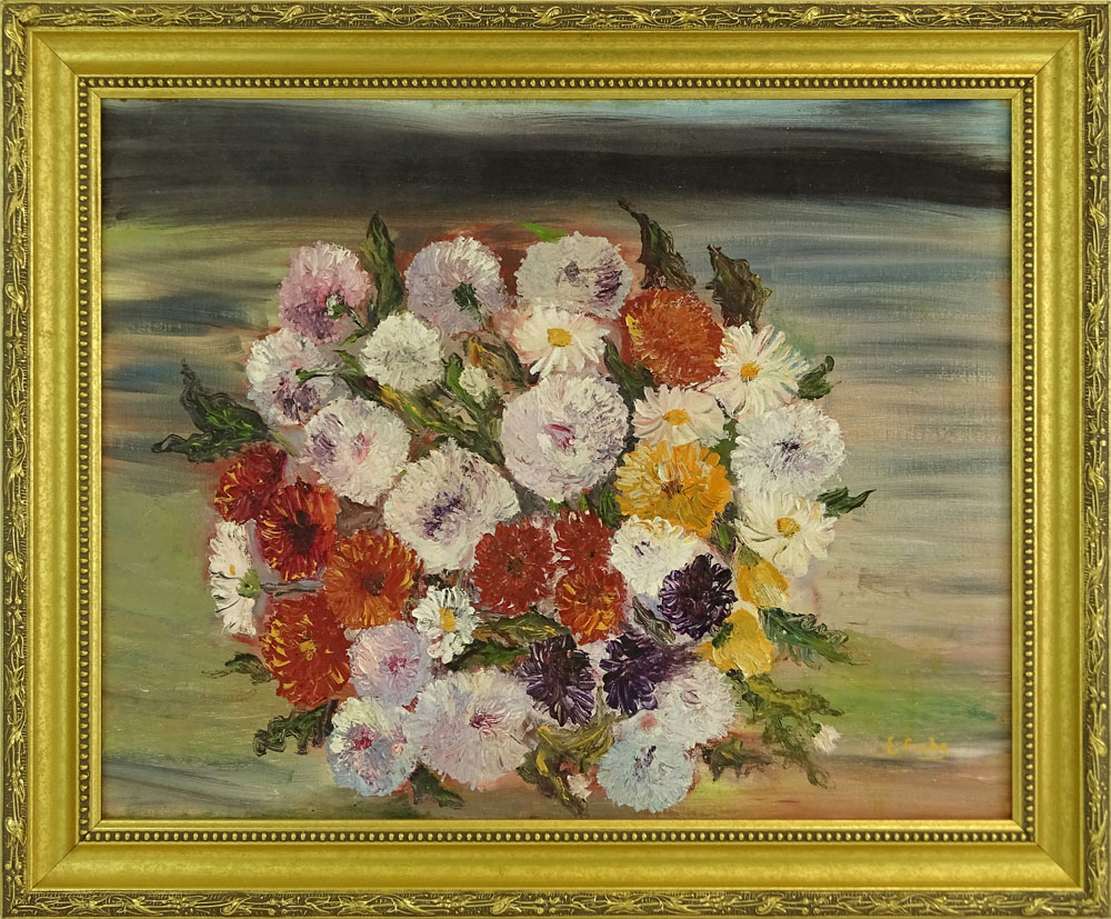 Elizabeth Fuchs (20th C) Oil on artist board "Floral Still Life" Signed lower right. 