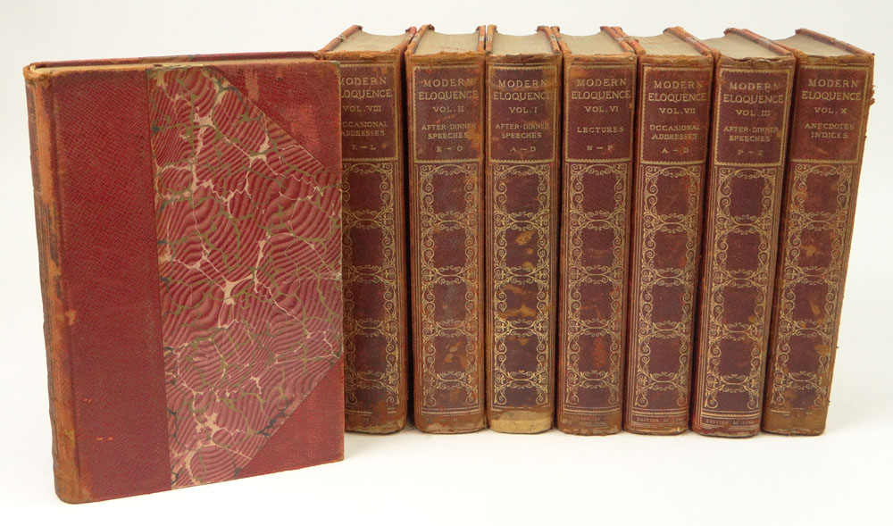 Collection of Eight (8) Hard Bound Books with Half Leather Bindings "Modern Eloquence".