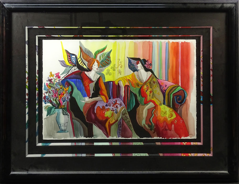 Contemporary 1980's Colorful Lithograph "Tea Time" In Custom Frame. 