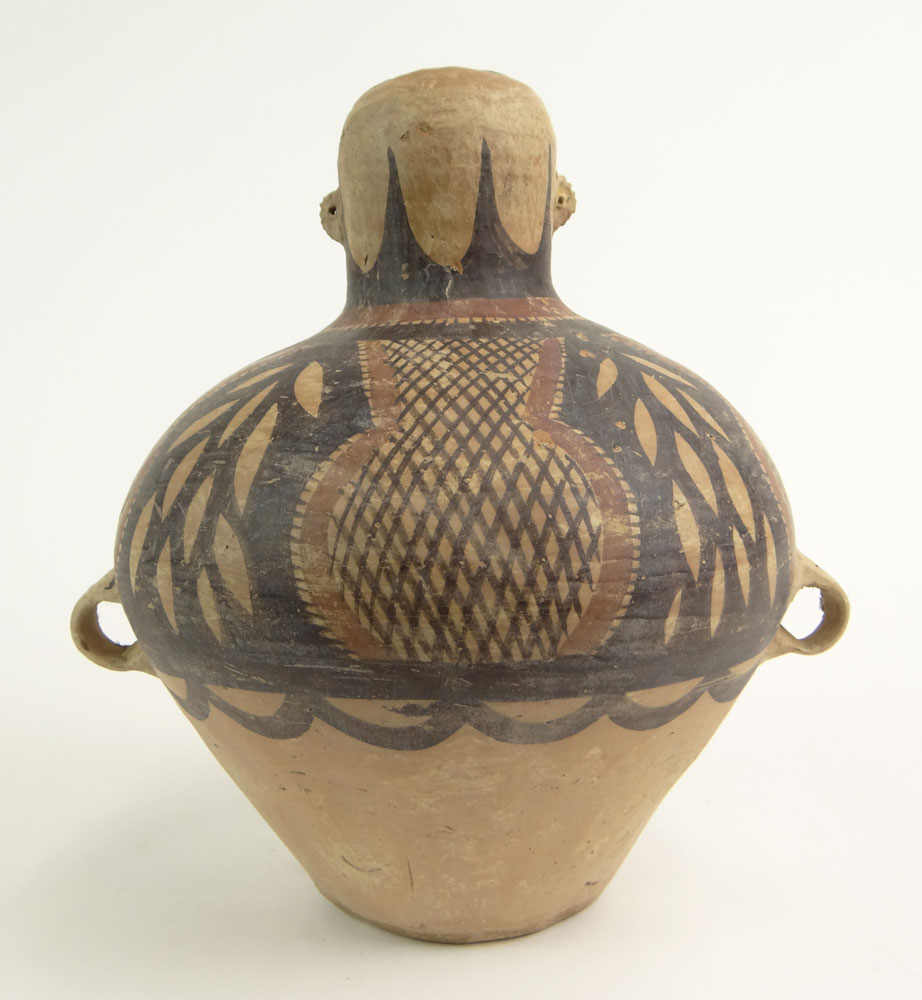 Antique Pottery Vessel with Red and Black Decoration, Loop Handles and Stylized Head to Neck. 