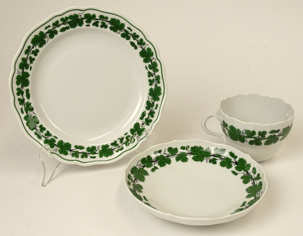 Three (3) Piece Lot Antique Meissen Green Vine Cup, Saucer and Cake Plate Set. 
