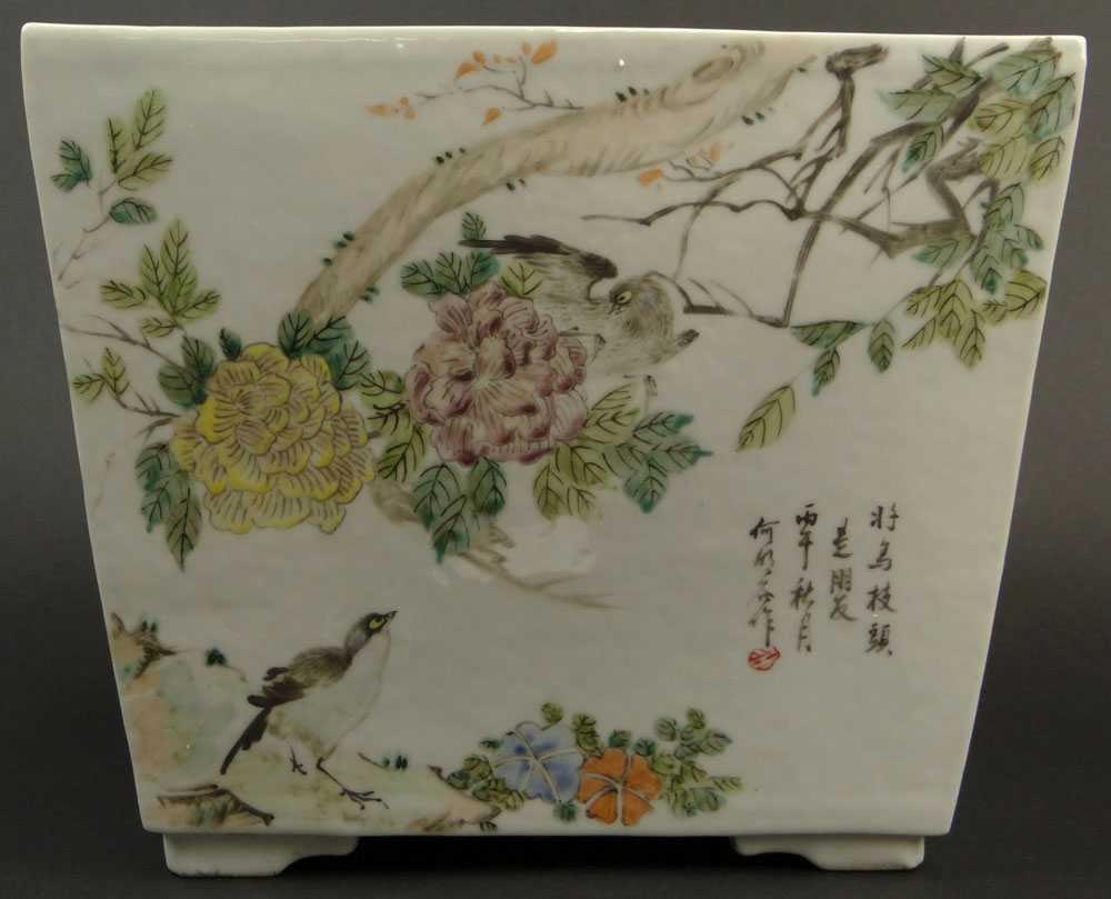 Chinese Famille Rose Porcelain Jardinière with Calligraphy.