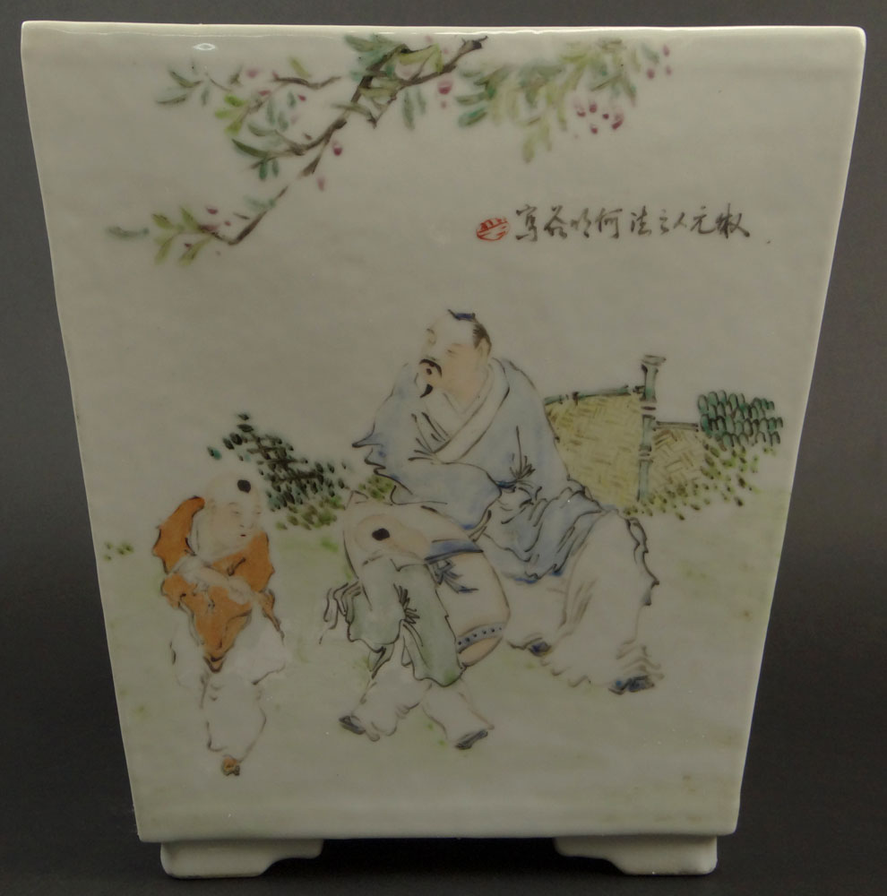 Chinese Famille Rose Porcelain Jardinière with Calligraphy.