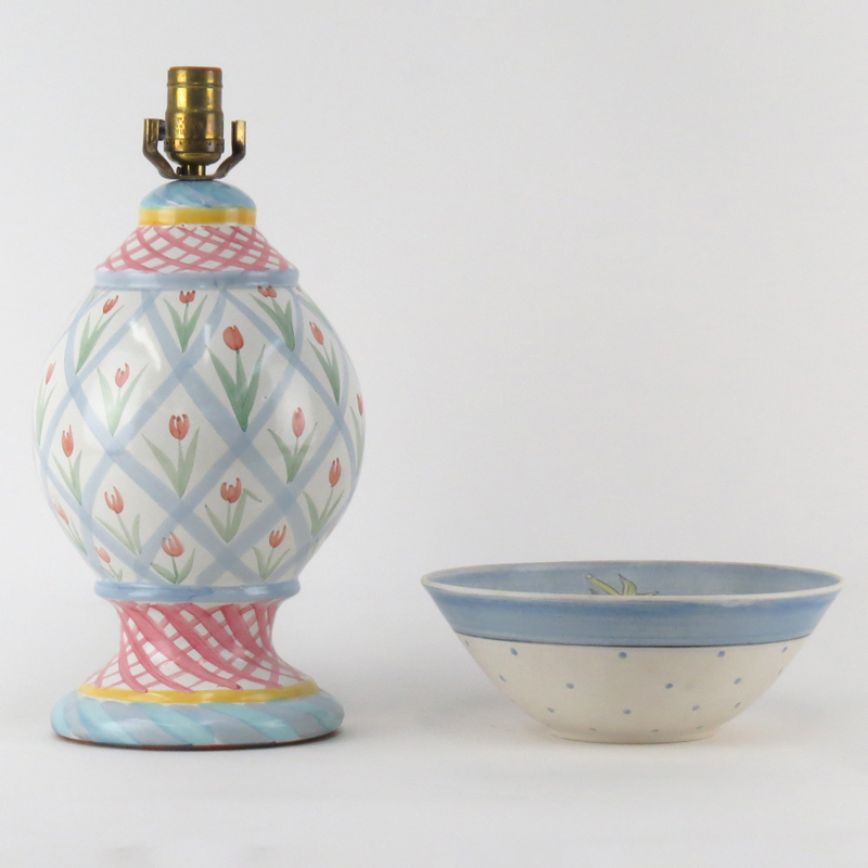 Grouping of Two (2) Ceramic Items. Includes: McKenzie Childs lamp and Signed bowl (illegible).