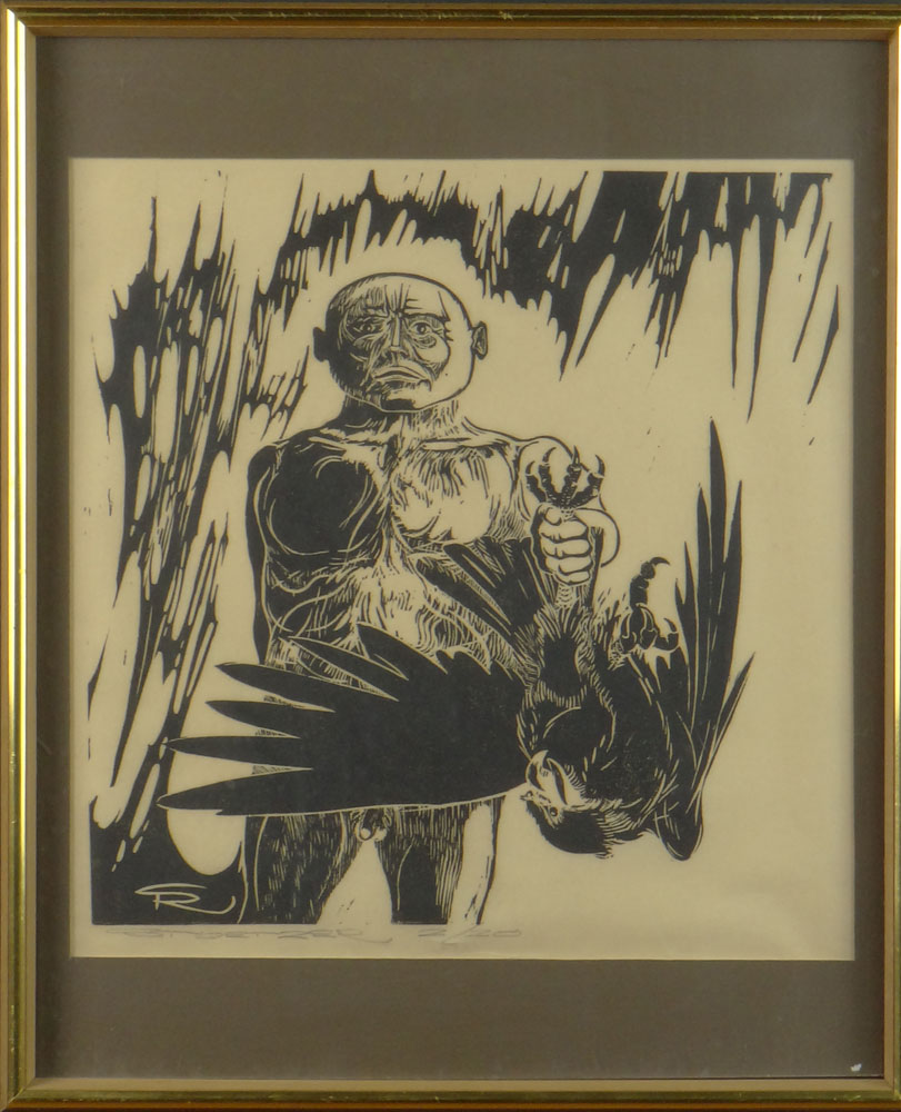 Robert Stoetzer, American 20th Century Woodcut  "Bird Man". Signed Lower Left and Number 2/20, Titled en verso. 
