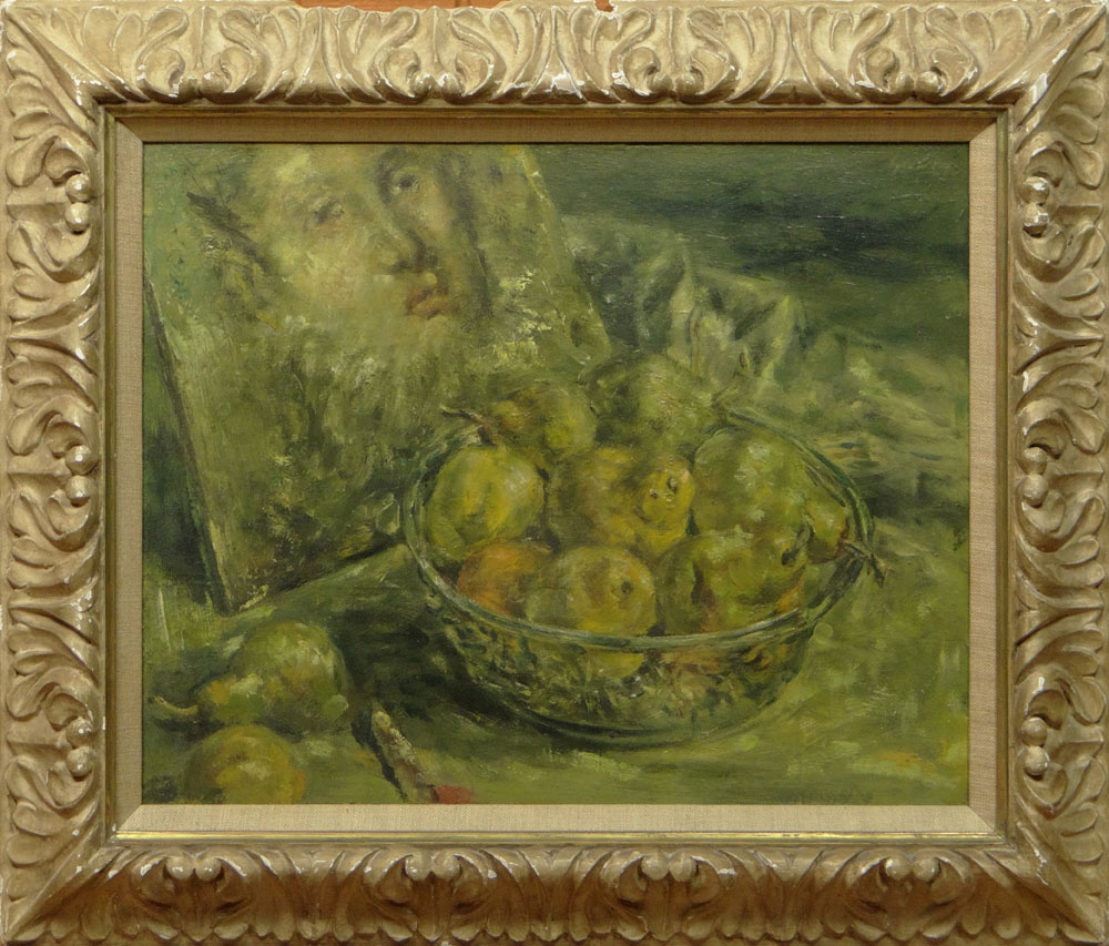 Modern Decorative Oil on Canvas Laid Down on Board "Still Life with Portrait" Unsigned.